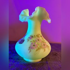 Vintage Fenton Satin Custard Glass Vase Crimped Trim Hand Painted Signed